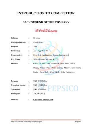 PepsiCo Summer Internship Project Report Page 37
INTRODUCTION TO COMPETITOR
BACKGROUND OF THE COMPANY
Industry : Beverage
Country of Origin : United States
Founded : 1886
Founder(s) : Asa Griggs Candler
Headquarters : Coca-Cola Headquarters, Atlanta, Georgia, U.S
Key People : Muhtar Kent ( Chairman & CEO)
Products : Coca-Cola, Diet Coke, Thums Up, Sprite, Fanta, Limca,
Maaza, Minute Maid Pulpy Orange, Minute Maid Nimbu
Fresh, Burn, Kinley Water, Kinley Soda, Schweppes.
Revenue : US $ 48.01 billion
Operating Income : US $ 10.84 billion
Net Income : US $ 9.01 billion
Employees : 146,200 (2012)
Web Site : Coca-ColaCompany.com
 