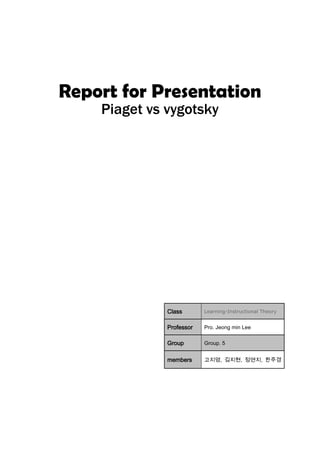 Report for Presentation
    Piaget vs vygotsky




              Class       Learning-Instructional Theory


              Professor   Pro. Jeong min Lee

              Group       Group. 5


              members     고지영, 김지현, 정연지, 한주경
 