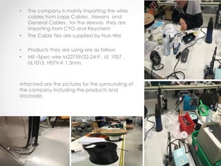 • The company is mainly importing the wires
cables from Lapp Cables , Nexans and
General Cables , for the sleeves they are
importing from CYG and Reychem
• The Cable Ties are supplied by Hua Wei
• Products they are using are as follow:
• Mil –Spec wire M22759/32-24-9 , UL 1007 ,
UL1015, H07V-K 1.5mm,
Attached are the pictures for the surrounding of
the company including the products and
stockade.
 