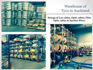 Warehouse of
Tyco in Auckland
Storage of Lan cables, Optic cables, Fiber
Optic cables & Speaker Wires.
 