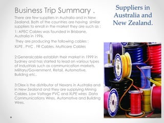 Suppliers in
Australia and
New Zealand.
Business Trip Summary .
There are few suppliers in Australia and in New
Zealand, Both of the countries are having similar
suppliers to enroll in the market they are such as :
1: APEC Cables was founded in Brisbane,
Australia in 1996,
They are producing the following cables :
XLPE , PVC , FR Cables. Multicore Cables
2:Generalcable establish their market in 1999 in
Sydney and has started to lead on various types
of Industrials such as communication markets,
Military/Government, Retail, Automotive,
Building etc..
3:Olex is the distributor of Nexans in Australia and
in New Zealand and they are supplying Mining
Cables. Low Voltage PVC and XLPE wires .Data
Communications Wires, Automotive and Building
Wires.
 