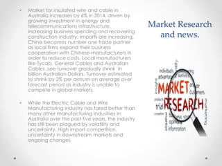 Market Research
and news.
• Market for insulated wire and cable in
Australia increases by 6% in 2014, driven by
growing investment in energy and
telecommunications infrastructure,
increasing business spending and recovering
construction industry. Imports are increasing,
China becomes number one trade partner
as local firms expand their business
cooperation with Chinese manufacturers in
order to reduce costs. Local manufacturers
like Tycab, General Cables and Australian
Cables ,see turnover gradually shrink in
billion Australian Dollars. Turnover estimated
to shrink by 2% per annum on average over
forecast period as industry is unable to
compete in global markets.
• While the Electric Cable and Wire
Manufacturing industry has fared better than
many other manufacturing industries in
Australia over the past five years, the industry
has still been plagued by volatility and
uncertainty. High import competition,
uncertainty in downstream markets and
ongoing changes
 