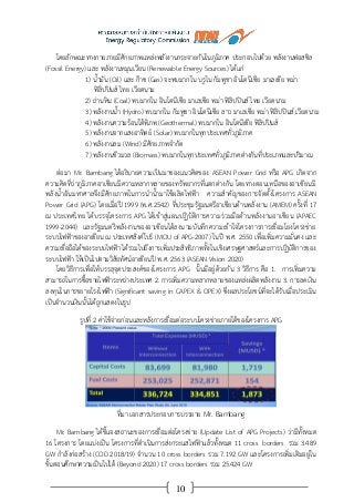 10
โดยลักษณะทางกายภายมีศักยภาพแหล่งพลังงานกระจายกันในภูมิภาค ประกอบไปด้วย พลังงานฟอสซิล
(Fossil Energy) และ พลังงานหมุนเวียน (Renewable Energy Sources) ได้แก่
1) น้ามัน (Oil) และ ก๊าซ (Gas) จะพบมากใน บรูไน กัมพูชา อินโดนีเซีย มาเลเซีย พม่า
ฟิลิปปินส์ ไทย เวียดนาม
2) ถ่านหิน (Coal) พบมากใน อินโดนีเซีย มาเลเซีย พม่า ฟิลิปปินส์ ไทย เวียดนาม
3) พลังงานน้า (Hydro) พบมากใน กัมพูชา อินโดนีเซีย ลาว มาเลเซีย พม่า ฟิลิปปินส์ เวียดนาม
4) พลังงานความร้อนใต้พิภพ (Geothermal) พบมากใน อินโดนีเซีย ฟิลิปปินส์
5) พลังงานจากแสงอาทิตย์ (Solar) พบมากในทุกประเทศทั่วภูมิภาค
6) พลังงานลม (Wind) มีศักยภาพจากัด
7) พลังงานชีวมวล (Biomass) พบมากในทุกประเทศทั่วภูมิภาคต่างกันที่ประเภทและปริมาณ
ต่อมา Mr. Bambang ได้อธิบายความเป็นมาของแนวคิดของ ASEAN Power Grid หรือ APG เกิดจาก
ความคิดที่ว่าภูมิภาคอาเซียนมีความหลากหลายของทรัพยากรที่แตกต่างกัน โดยทางตอนเหนือของอาเซียนมี
พลังน้าอันมหาศาลจึงมีศักยภาพในการนาน้ามาใช้ผลิตไฟฟ้า ความสาคัญของการจัดตั้งโครงการ ASEAN
Power Grid (APG) โดยเมื่อปี 1999 (พ.ศ.2542) ที่ประชุมรัฐมนตรีอาเซียนด้านพลังงาน (AMEM) ครั้งที่ 17
ณ ประเทศไทย ได้บรรจุโครงการ APG ได้เข้าสู่แผนปฏิบัติการความร่วมมือด้านพลังงานอาเซียน (APAEC
1999-2044) และรัฐมนตรีพลังงานของอาเซียนได้ลงนามบันทึกความเข้าใจโครงการการเชื่อมโยงโครงข่าย
ระบบไฟฟ้าของอาเซียน ณ ประเทศสิงค์โปร์ (MOU of APG-2007) ในปี พ.ศ. 2550 เพื่อเพิ่มความมั่นคง และ
ความเชื่อถือได้ของระบบไฟฟ้า ได้รวมไปถึงการเพิ่มประสิทธิภาพทั้งในเชิงเศรษฐศาสตร์และการปฏิบัติการของ
ระบบไฟฟ้า ให้เป็นไปตามวิสัยทัศน์อาเซียนปี พ.ศ. 2563 (ASEAN Vision 2020)
โดยวิธีการเพื่อให้บรรลุจุดประสงค์ของโครงการ APG นั้นมีอยู่ด้วยกัน 3 วิธีการ คือ 1. การเพิ่มความ
สามารถในการซื้อขายไฟฟ้าระหว่างประเทศ 2. การเพิ่มความหลากหลายของแหล่งผลิตพลังงาน 3. การลดเงิน
ลงทุนในการขยายโรงไฟฟ้า (Significant saving in CAPEX & OPEX) ซึ่งผลประโยชน์ที่จะได้รับเมื่อประเมิน
เป็นจานวนเงินนั้นได้ถูกแสดงในรูป
รูปที่ 2 ค่าใช้จ่ายก่อนและหลังการเชื่อมต่อระบบโครงข่ายภายใต้ของโครงการ APG
ที่มา เอกสารประกอบการบรรยาย Mr. Bambang
Mr. Bambang ได้ชี้แจงสถานะของการเชื่อมต่อโครงข่าย (Update List of APG Projects) ว่ามีทั้งหมด
16 โครงการ โดยแบ่งเป็น โครงการที่ดาเนินการส่งกระแสไฟฟ้าแล้วทั้งหมด 11 cross borders รวม 3.489
GW กาลังก่อสร้าง (COD 2018/19) จานวน 10 cross borders รวม 7.192 GW และโครงการเพิ่มเติมอยู่ใน
ขั้นตอนศึกษาความเป็นไปได้ (Beyond 2020) 17 cross borders รวม 25.424 GW
 