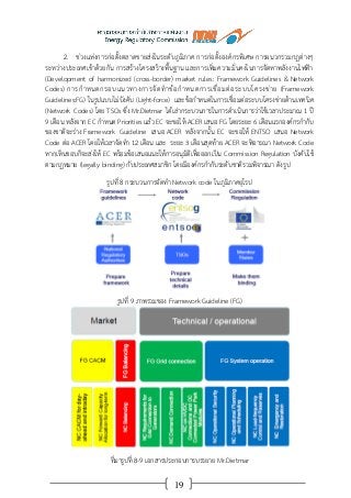 19
2. ช่วงแห่งการก่อตั้งตลาดขายส่งในระดับภูมิภาค การก่อตั้งองค์กรพิเศษ การผนวกรวมกฎต่างๆ
ระหว่างประเทศเข้าด้วยกัน การสร้างโครงสร้างพื้นฐาน และการเพิ่มความมั่นคงในการจัดหาพลังงานไฟฟ้า
(Development of harmonized (cross-border) market rules: Framework Guidelines & Network
Codes) การกาหนดกรอบแนวทางการจัดทาข้อกาหนดการเชื่อมต่อระบบโครงข่าย (Framework
Guidelines:FG) ในรูปแบบไม่บังคับ (Light-force) และข้อกาหนดในการเชื่อมต่อระบบโครงข่ายด้านเทคนิค
(Network Codes) โดย TSOs ซึ่ง Mr.Dietmar ได้เล่ากระบวนการในการดาเนินการว่าใช้เวลาประมาณ 1 ปี
9 เดือน หลังจาก EC กาหนด Priorities แล้ว EC จะขอให้ ACER เสนอ FG โดยระยะ 6 เดือนแรกองค์กรกากับ
ของชาติจะร่าง Framework Guideline เสนอ ACER หลังจากนั้น EC จะขอให้ ENTSO เสนอ Network
Code ต่อ ACER โดยให้เวลาจัดทา 12 เดือน และ ระยะ 3 เดือนสุดท้าย ACER จะพิจารณา Network Code
หากเห็นชอบก็จะส่งให้ EC พร้อมข้อเสนอแนะให้การอนุมัติเพื่อออกเป็น Commission Regulation บังคับใช้
ตามกฎหมาย (legally binding) กับประเทศสมาชิก โดยมีองค์กรกากับระดับชาติรวมพิจารณา ดังรูป
รูปที่ 8 กระบวนการจัดทา Network code ในภูมิภาคยุโรป
รูปที่ 9 ภาพรวมของ Framework Guideline (FG)
ที่มารูปที่ 8-9 เอกสารประกอบการบรรยาย Mr.Dietmar
 