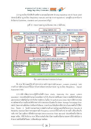 28
2.2 กฎ ระเบียบ ข้อบังคับด้านพลังงาน และแผนในอนาคต (Energy regulatory role & Future plan)
ประกอบไปด้วย กฎ ระเบียบ (Regulatory manuals and high level regulations) และคู่มือ แนวทางในการ
ดาเนินงาน (Guidelines, standards and procedures) ดังรูป
รูปที่ 15 กรอบการออกกฎ ระเบียบของ กกพ. ภาพใต้ พรบ.
ที่มา เอกสารประกอบการบรรยาย Dr.Prasit
ซึ่ง กกพ. ได้วางแผนไว้ช่วงปี 2015-2016 จะมีการพยากรณ์(Forecast- scenario planning) / และ
การสร้างการมีส่วนร่วมมากขึ้นในการวิเคราะห์ผลกระทบในการออก กฎ ระเบียบ (Regulatory Impact
Assessment: RIA)
2.3 กรณีการพัฒนาระบบปฏิบัติงานไฟฟ้า (Case study: Improving the power system
operation) ประเทศไทยได้นาเสนอรายละเอียดการกากับ ตัวเลขทางสถิติและการพยากรณ์เพื่อใช้เป็นข้อสรุป
และประกอบการตัดสินใจในการกากับกิจการพลังงาน ในเรื่อง SO performance index ของการใช้ค่ากลางของ
ความผิดพลาดในการเฉลี่ยประสิทธิภาพการทางานของระบบในแต่ละวัน (Mean Average Percentage Error:
MAPE) โดยหากค่าเฉลี่ยน้อยกว่าหรือเท่ากับร้อยละ 3 ของจานวนวันในสัปดาห์ถือว่าผ่าน ในอนาคตตั้งเป้าไว้ที่ค่า
Error ร้อยละ 0 โดยมีการเสนอค่าพยากรณ์พลังงานด้านความมั่นคงและเชื่อถือของระบบ (Security &
Reliability standard โดยการควบคุมความถี่ (Frequency control) ทั้งนี้ ระดับ HZ (ความถี่) เปรียบเทียบกับ
ระดับ MW ในความต้องการใช้พลังงานมากสุด (interconnection Peak demand) ประเทศไทยถือว่ามีความ
สมดุล/ เสถียร ทั้งนี้ สานักงาน กกพ. ได้วิเคราะห์แล้วเห็นว่าในความเสถียรนั้นสามารถลดการใช้ถ่านหินในการ
สารองการผลิตไฟฟ้าได้ร้อยละ 5 เพื่อลดต้นทุนการผลิตลง
 
