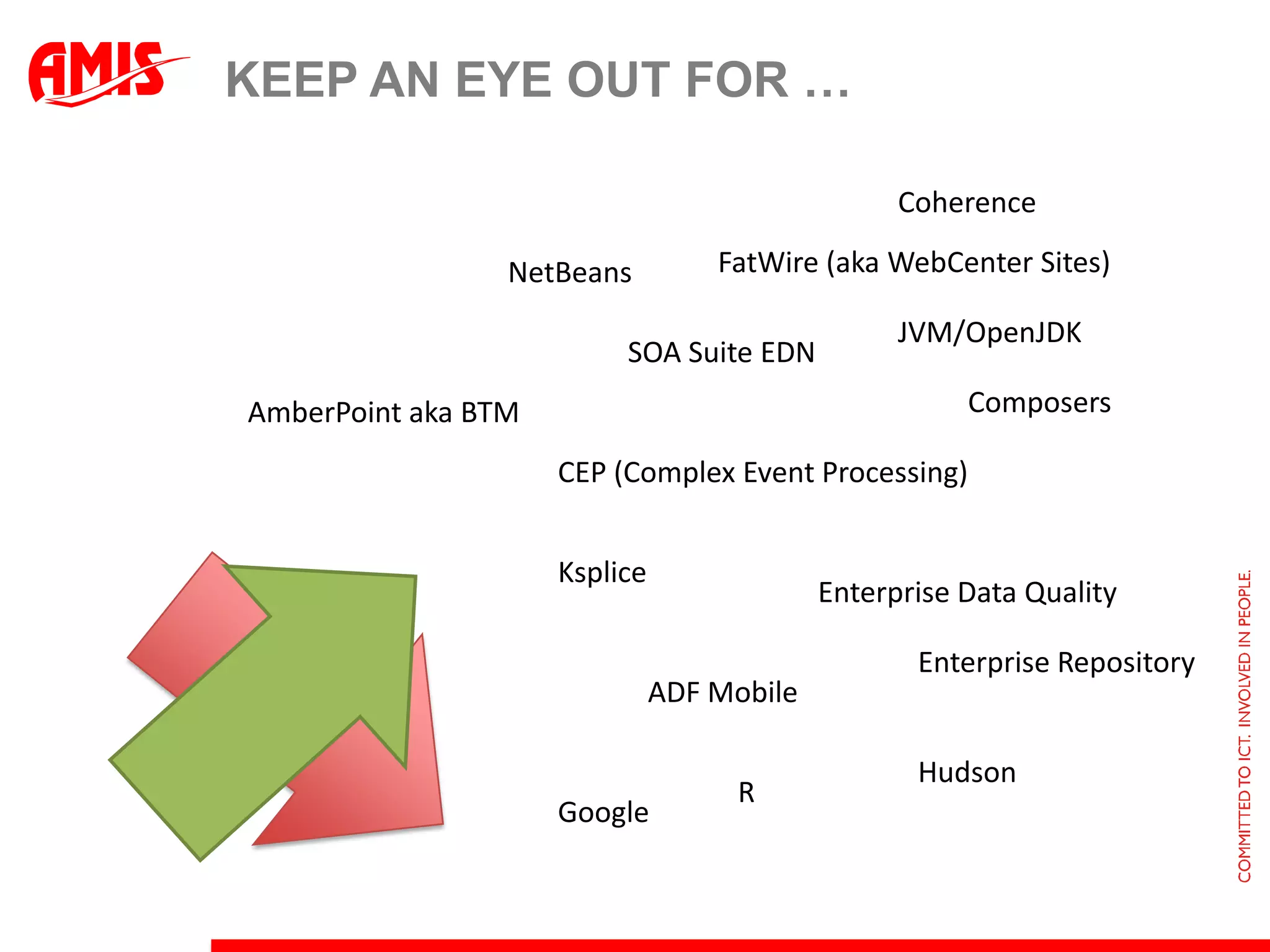 Keep an eye out for …CoherenceFatWire (aka WebCenter Sites)NetBeansJVM/OpenJDKSOA Suite EDNComposersAmberPoint aka BTMCEP (Complex Event Processing)KspliceEnterprise Data QualityEnterprise RepositoryADF MobileHudsonRGoogle