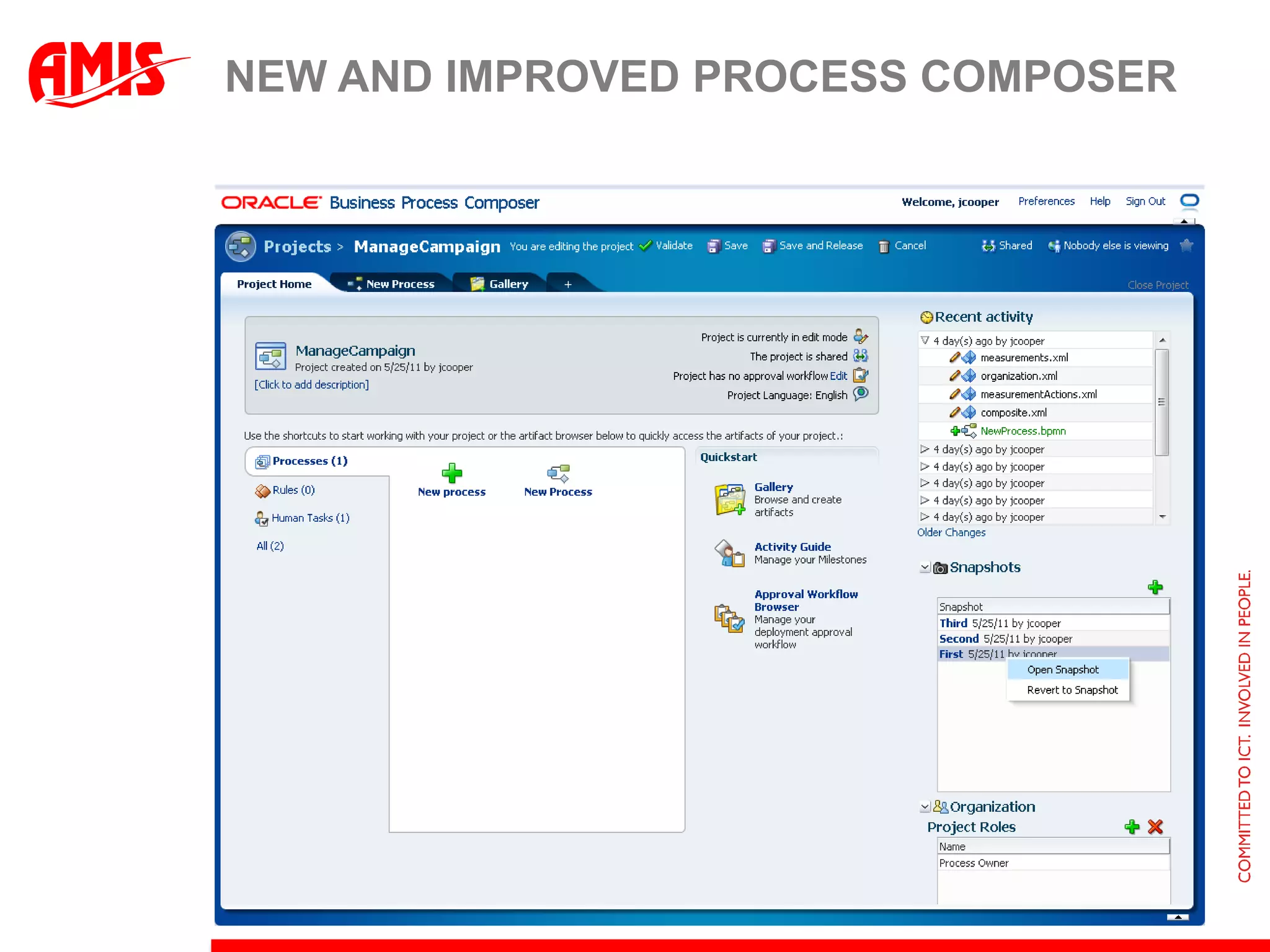 Unified Business process Management suite (a.k.a. Oracle BPM)Oracle BPM is the “youngest” component of the Oracle BPM stack – and that showed.However, it is extremely strategic to Oracle:High visibility on OOW11Service Pack 4 (11gR1 PS4) was “all about BPM”Improved stabilityMany impressive new featuresBPM CAB (Customer Advisory Board) promises to intensify efforts
