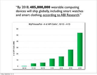 Myﬁtnesspal api call
“By 2018, 485,000,000 wearable computing
devices will ship globally, including smart watches
and smart clothing, according to ABI Research.”
Friday, September 13, 13
 