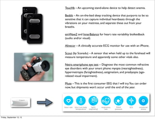 ToucHb – An upcoming stand-alone device to help detect anemia.
Beddit – An on-the-bed sleep tracking device that purports to be so
sensitive that it can capture individual heartbeats through the
vibrations on your mattress, and separate these out from your
breaths.
emWave2 and InnerBalance for heart rate variability biofeedback
(audio and/or visual).
Alivecor – A clinically accurate ECG monitor for use with an iPhone.
Scout (by Scanadu) – A sensor that when held up to the forehead will
measure temperature and apparently some other vitals also.
Netra smartphone eye test – Diagnose the most common refractive
eye disorders with your smart phone: myopia (nearsightedness),
hypermetropia (farsightedness), astigmatism, and presbyopia (age-
related visual impairment).
Muse – This is the ﬁrst consumer EEG that I will try.You can order
now, but shipments won’t occur until the end of the year.
Friday, September 13, 13
 