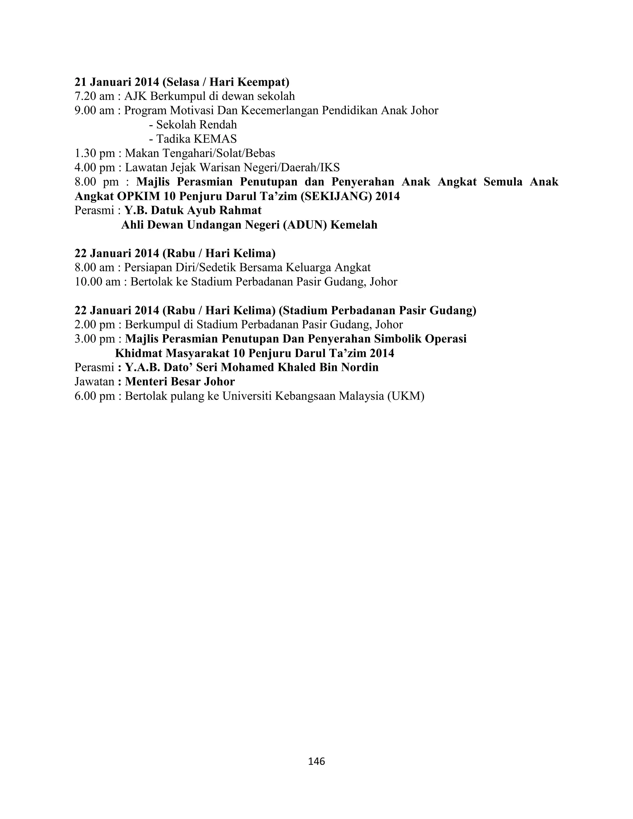 146
21 Januari 2014 (Selasa / Hari Keempat)
7.20 am : AJK Berkumpul di dewan sekolah
9.00 am : Program Motivasi Dan Kecemerlangan Pendidikan Anak Johor
- Sekolah Rendah
- Tadika KEMAS
1.30 pm : Makan Tengahari/Solat/Bebas
4.00 pm : Lawatan Jejak Warisan Negeri/Daerah/IKS
8.00 pm : Majlis Perasmian Penutupan dan Penyerahan Anak Angkat Semula Anak
Angkat OPKIM 10 Penjuru Darul Ta’zim (SEKIJANG) 2014
Perasmi : Y.B. Datuk Ayub Rahmat
Ahli Dewan Undangan Negeri (ADUN) Kemelah
22 Januari 2014 (Rabu / Hari Kelima)
8.00 am : Persiapan Diri/Sedetik Bersama Keluarga Angkat
10.00 am : Bertolak ke Stadium Perbadanan Pasir Gudang, Johor
22 Januari 2014 (Rabu / Hari Kelima) (Stadium Perbadanan Pasir Gudang)
2.00 pm : Berkumpul di Stadium Perbadanan Pasir Gudang, Johor
3.00 pm : Majlis Perasmian Penutupan Dan Penyerahan Simbolik Operasi
Khidmat Masyarakat 10 Penjuru Darul Ta’zim 2014
Perasmi : Y.A.B. Dato’ Seri Mohamed Khaled Bin Nordin
Jawatan : Menteri Besar Johor
6.00 pm : Bertolak pulang ke Universiti Kebangsaan Malaysia (UKM)
 