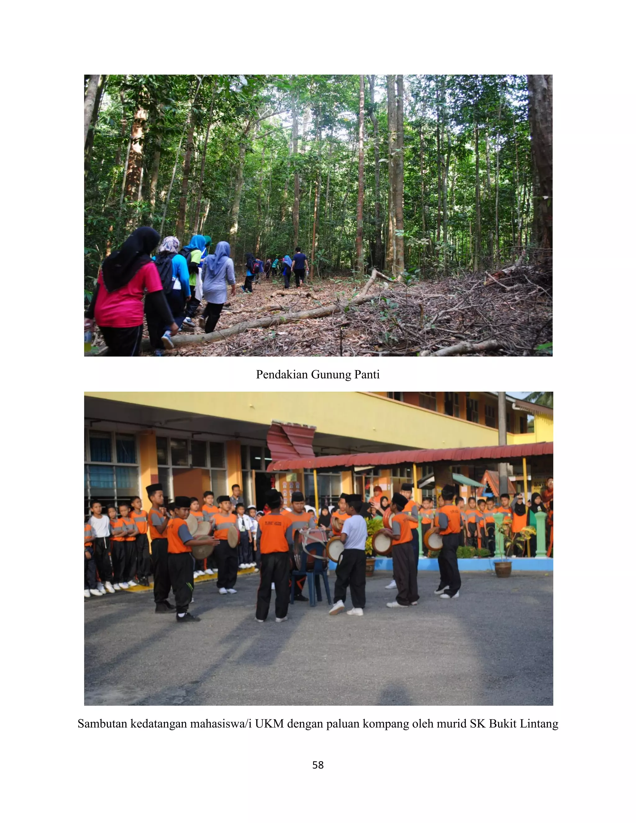 58
Pendakian Gunung Panti
Sambutan kedatangan mahasiswa/i UKM dengan paluan kompang oleh murid SK Bukit Lintang
 