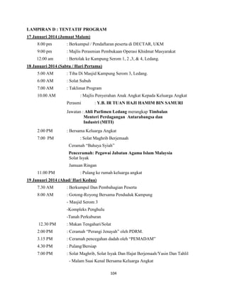 104
LAMPIRAN D : TENTATIF PROGRAM
17 Januari 2014 (Jumaat Malam)
8.00 pm : Berkumpul / Pendaftaran peserta di DECTAR, UKM
9.00 pm : Majlis Perasmian Pembukaan Operasi Khidmat Masyarakat
12.00 am : Bertolak ke Kampung Serom 1, 2 ,3, & 4, Ledang.
18 Januari 2014 (Sabtu / Hari Pertama)
5.00 AM : Tiba Di Masjid Kampung Serom 3, Ledang.
6.00 AM : Solat Subuh
7.00 AM : Taklimat Program
10.00 AM : Majlis Penyerahan Anak Angkat Kepada Keluarga Angkat
Perasmi : Y.B. IR TUAN HAJI HAMIM BIN SAMURI
Jawatan : Ahli Parlimen Ledang merangkap Timbalan
Menteri Perdagangan Antarabangsa dan
Industri (MITI)
2.00 PM : Bersama Keluarga Angkat
7.00 PM : Solat Maghrib Berjemaah
Ceramah “Bahaya Syiah”
Penceramah: Pegawai Jabatan Agama Islam Malaysia
Solat Isyak
Jamuan Ringan
11.00 PM : Pulang ke rumah keluarga angkat
19 Januari 2014 (Ahad/ Hari Kedua)
7.30 AM : Berkumpul Dan Pembahagian Peserta
8.00 AM : Gotong-Royong Bersama Penduduk Kampung
- Masjid Serom 3
-Kompleks Penghulu
-Tanah Perkuburan
12.30 PM : Makan Tengahari/Solat
2.00 PM : Ceramah “Perangi Jenayah” oleh PDRM.
3.15 PM : Ceramah pencegahan dadah oleh “PEMADAM”
4.30 PM : Pulang/Bersiap
7.00 PM : Solat Maghrib, Solat Isyak Dan Hajat Berjemaah/Yasin Dan Tahlil
- Malam Suai Kenal Bersama Keluarga Angkat
 