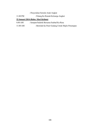 106
- Penyerahan Semula Anak Angkat
11.00 PM : Pulang Ke Rumah Keluarga Angkat
22 Januari 2014 (Rabu / Hari Kelima)
8.00 AM : Sarapan/Sedetik Bersama Seabad Ku Rasa
11.00 AM : Bertolak Ke Pasir Gudang Untuk Majlis Penutupan
 