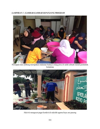 151
LAMPIRAN 1 : GAMBAR-GAMBAR SEPANJANG PROGRAM
Persiapan nasi ambeng merupakan makanan budaya orang jawa di salah sebuah rumah penduduk
kampung
Aktiviti mengecat pagar konkrit di sekolah agama kayu ara pasong
 