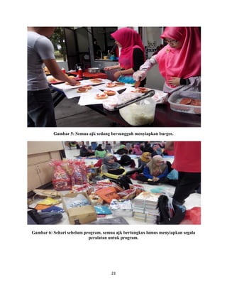23
Gambar 5: Semua ajk sedang bersungguh menyiapkan burger.
Gambar 6: Sehari sebelum program, semua ajk bertungkus lumus menyiapkan segala
peralatan untuk program.
 