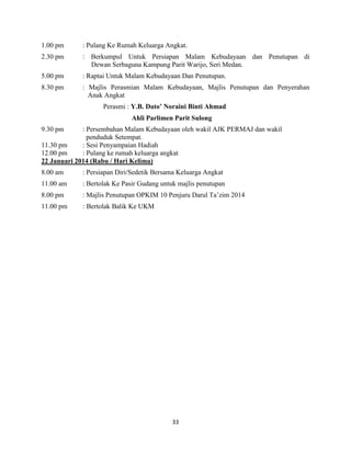 33
1.00 pm : Pulang Ke Rumah Keluarga Angkat.
2.30 pm : Berkumpul Untuk Persiapan Malam Kebudayaan dan Penutupan di
Dewan Serbaguna Kampung Parit Warijo, Seri Medan.
5.00 pm : Raptai Untuk Malam Kebudayaan Dan Penutupan.
8.30 pm : Majlis Perasmian Malam Kebudayaan, Majlis Penutupan dan Penyerahan
Anak Angkat
Perasmi : Y.B. Dato’ Noraini Binti Ahmad
Ahli Parlimen Parit Sulong
9.30 pm : Persembahan Malam Kebudayaan oleh wakil AJK PERMAJ dan wakil
penduduk Setempat.
11.30 pm : Sesi Penyampaian Hadiah
12.00 pm : Pulang ke rumah keluarga angkat
22 Januari 2014 (Rabu / Hari Kelima)
8.00 am : Persiapan Diri/Sedetik Bersama Keluarga Angkat
11.00 am : Bertolak Ke Pasir Gudang untuk majlis penutupan
8.00 pm : Majlis Penutupan OPKIM 10 Penjuru Darul Ta‟zim 2014
11.00 pm : Bertolak Balik Ke UKM
 