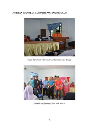 71
LAMPIRAN 1 : GAMBAR-GAMBAR SEPANJANG PROGRAM
Majlis Perasmian oleh wakil Ahli Parlimen Kota Tinggi.
Simbolik majlis penyerahan anak angkat.
 