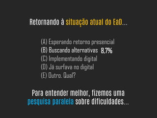 Retornando à situação atual do EaD...
(A) Esperando retorno presencial
(B) Buscando alternativas
(C) Implementando digital
(D) Já surfava no digital
(E) Outro. Qual?
8,7%
Para entender melhor, fizemos uma
pesquisa paralela sobre dificuldades...
 