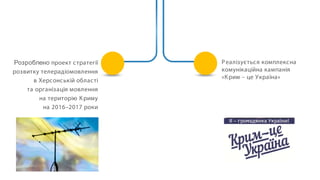 Розроблено проект стратегії
розвитку телерадіомовлення
в Херсонській області
та організація мовлення
на територію Криму
на 2016–2017 роки
Реалізується комплексна
комунікаційна кампанія
«Крим – це Україна»
 