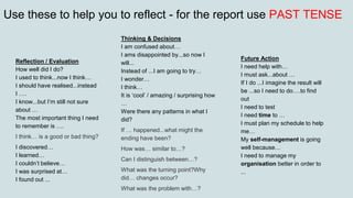 Use these to help you to reflect - for the report use PAST TENSE
Reflection / Evaluation
How well did I do?
I used to thin...