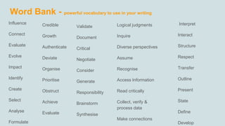 Word Bank - powerful vocabulary to use in your writing
Influence
Connect
Evaluate
Evolve
Impact
Identify
Create
Select
Ana...
