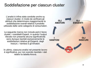 GLI
ESIGENTI
GLI
INSICURI
GLI
ESPERT
I
I
VANITOSI
GLI
AMATORI
22
L’analisi è infine stata condotta anche su
ciascun cluster, in modo da verificare gli
attributi che determinano maggiormente la
soddisfazione overall relativa il prodotto
utilizzato dalle varie categorie di consumatori.
La seguente ricerca non include però il terzo
cluster, i cosiddetti Esperti, in quanto l’output
rilevato non presenta alcuna significatività:
sono dunque riportati esclusivamente le
soddisfazioni relative gli Esigenti, degli
Insicuri, i Vanitosi e gli Amatori.
In ultimo, ciascuna analisi nel presente lavoro
è significativa, pur non avendo riportato i dati
relativi la tabella Anova.
Soddisfazione per ciascun cluster
 