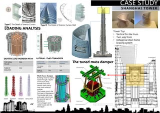 CASE STUDY
CASE STUDY
SHA NGHA I TO WER
Tower Top
• Vertical fin-like truss
• Two-way truss
• Octagonal steel frame
bracing system
The tuned mass damper
Type C: The Detail of Interior Curtain
Wall
Type D: The Detail of Exterior Curtain Wall
LOADING ANALYSIS
GRAVITY LOAD TRANSFER PATH
THE MEGA
FRAME
50%
TUBE OF
COLUMN
50%
STRUCTURE
COMPONENT
SHEAR FORCE OVERTURNING
MOMENT
THE MEGA
FRAME
47% 76%
TUBE OF
COLUMN
53% 24%
LATERAL LOAD TRANSFER
Multi-frame Analysis
Building resist to Lateral
loads through 3 layers
of structure, they
transfer wind and
seismic load one by
one, from inside to
outside.
The Supper core is the
first layer of Resistance.
The double belt truss
and super column are
the second layer of
Resistance.
The outriggers and
radial trusses are the
third layer.
SHEAR MOMENT TENSION DEFLECTION
 