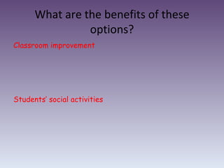 What are the benefits of these options? Classroom improvement Students’ social activities 