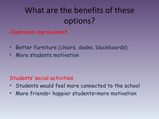 What are the benefits of these options? Classroom improvement Better furniture (chairs, desks, blackboards) More students motivation Students’ social activities Students would feel more connected to the school More friends= happier students=more motivation  