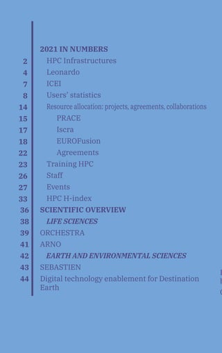 2
4
7
8
14
15
17
18
22
23
26
27
33
2021 IN NUMBERS
HPC Infrastructures
Leonardo
ICEI
Users’ statistics
Resource allocation: projects, agreements, collaborations
PRACE
Iscra
EUROFusion
Agreements
Training HPC
Staff
Events
HPC H-index
SCIENTIFIC OVERVIEW
LIFE SCIENCES
ORCHESTRA
ARNO
EARTH AND ENVIRONMENTAL SCIENCES
SEBASTIEN
Digital technology enablement for Destination
Earth
36
38
39
41
42
43
44
		
H
b
G
 