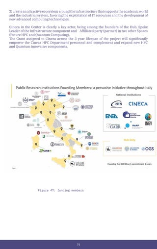 75
2)createanattractiveecosystemaroundtheinfrastructurethatsupportstheacademicworld
and the industrial system, favoring the exploitation of IT resources and the development of
new advanced computing technologies.
Cineca in the Center is clearly a key actor, being among the founders of the Hub, Spoke
Leader of the Infrastructure component and Affiliated party (partner) in two other Spokes
(Future HPC and Quantum Computing).
The Grant assigned to Cineca across the 3 year lifespan of the project will significantly
empower the Cineca HPC Department personnel and complement and expand new HPC
and Quantum innovative components.
Figure 47: funding members
 