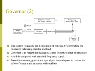 Governor (2)
 The system frequency can be maintained constant by eliminating the
mismatch between generator and load.
 Governor is to receipt the frequency signal from the output of generator.
 And it is compared with standard frequency signal.
 From these results, governor output signal is coming-out to control the
valve of water at the entrance to the turbine.
 