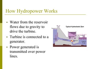 How Hydropower Works
 Water from the reservoir
flows due to gravity to
drive the turbine.
 Turbine is connected to a
generator.
 Power generated is
transmitted over power
lines.
 