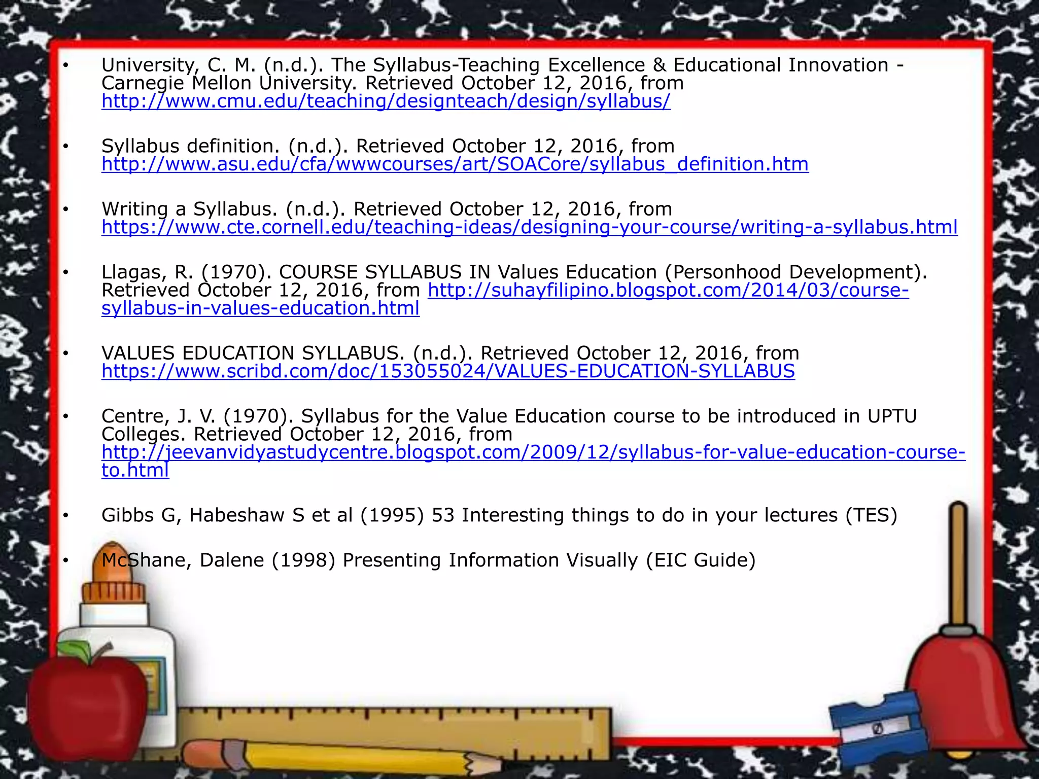 • University, C. M. (n.d.). The Syllabus-Teaching Excellence & Educational Innovation -
Carnegie Mellon University. Retrieved October 12, 2016, from
http://www.cmu.edu/teaching/designteach/design/syllabus/
• Syllabus definition. (n.d.). Retrieved October 12, 2016, from
http://www.asu.edu/cfa/wwwcourses/art/SOACore/syllabus_definition.htm
• Writing a Syllabus. (n.d.). Retrieved October 12, 2016, from
https://www.cte.cornell.edu/teaching-ideas/designing-your-course/writing-a-syllabus.html
• Llagas, R. (1970). COURSE SYLLABUS IN Values Education (Personhood Development).
Retrieved October 12, 2016, from http://suhayfilipino.blogspot.com/2014/03/course-
syllabus-in-values-education.html
• VALUES EDUCATION SYLLABUS. (n.d.). Retrieved October 12, 2016, from
https://www.scribd.com/doc/153055024/VALUES-EDUCATION-SYLLABUS
• Centre, J. V. (1970). Syllabus for the Value Education course to be introduced in UPTU
Colleges. Retrieved October 12, 2016, from
http://jeevanvidyastudycentre.blogspot.com/2009/12/syllabus-for-value-education-course-
to.html
• Gibbs G, Habeshaw S et al (1995) 53 Interesting things to do in your lectures (TES)
• McShane, Dalene (1998) Presenting Information Visually (EIC Guide)
 