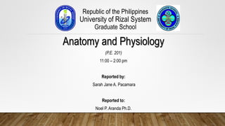 Republic of the Philippines
University of Rizal System
Graduate School
Anatomy and Physiology
(P.E. 201)
11:00 – 2:00 pm
Reported by:
Sarah Jane A. Pacamara
Reported to:
Noel P. Aranda Ph.D.
 