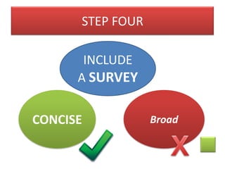 STEP FOUR
INCLUDE
A SURVEY
CONCISE

Broad

 