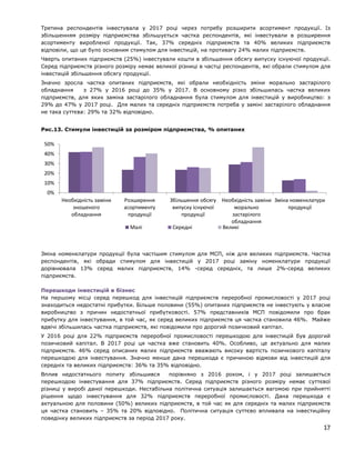 Третина респондентів інвестувала у 2017 році через потребу розширити асортимент продукції. Із
збільшенням розміру підприємства збільшується частка респондентів, які інвестували в розширення
асортименту виробленої продукції. Так, 37% середніх підприємств та 40% великих підприємств
відповіли, що це було основним стимулом для інвестицій, на противагу 24% малих підприємств.
Чверть опитаних підприємств (25%) інвестували кошти в збільшення обсягу випуску існуючої продукції.
Серед підприємств різного розміру немає великої різниці в частці респондентів, які обрали стимулом для
інвестицій збільшення обсягу продукції.
Значно зросла частка опитаних підприємств, які обрали необхідність зміни морально застарілого
обладнання з 27% у 2016 році до 35% у 2017. В основному різко збільшилась частка великих
підприємств, для яких заміна застарілого обладнання була стимулом для інвестицій у виробництво: з
29% до 47% у 2017 році. Для малих та середніх підприємств потреба у заміні застарілого обладнання
не така суттєва: 29% та 32% відповідно.
Рис.13. Стимули інвестицій за розміром підприємства, % опитаних
Зміна номенклатури продукції була частішим стимулом для МСП, ніж для великих підприємств. Частка
респондентів, які обради стимулом для інвестицій у 2017 році заміну номенклатури продукції
дорівнювала 13% серед малих підприємств, 14% -серед середніх, та лише 2%-серед великих
підприємств.
Перешкоди інвестицій в бізнес
На першому місці серед перешкод для інвестицій підприємств переробної промисловості у 2017 році
знаходиться недостатні прибутки. Більше половини (55%) опитаних підприємств не інвестують у власне
виробництво з причин недостатньої прибутковості. 57% представників МСП повідомили про брак
прибутку для інвестування, в той час, як серед великих підприємств ця частка становила 46%. Майже
вдвічі збільшилась частка підприємств, які повідомили про дорогий позичковий капітал.
У 2016 році для 22% підприємств переробної промисловості перешкодою для інвестицій був дорогий
позичковий капітал. В 2017 році ця частка вже становить 40%. Особливо, це актуально для малих
підприємств. 46% серед описаних малих підприємств вважають високу вартість позичкового капіталу
перешкодою для інвестування. Значно менше дана перешкода є причиною відмови від інвестицій для
середніх та великих підприємств: 36% та 35% відповідно.
Вплив недостатнього попиту збільшився порівняно з 2016 роком, і у 2017 році залишається
перешкодою інвестування для 37% підприємств. Серед підприємств різного розміру немає суттєвої
різниці у виробі даної перешкоди. Нестабільна політична ситуація залишається вагомою при прийнятті
рішення щодо інвестування для 32% підприємств переробної промисловості. Дана перешкода є
актуальною для половини (50%) великих підприємств, в той час як для середніх та малих підприємств
ця частка становить – 35% та 20% відповідно. Політична ситуація суттєво впливала на інвестиційну
поведінку великих підприємств за період 2017 року.
0%
10%
20%
30%
40%
50%
Необхідність заміни
зношеного
обладнання
Розширення
асортименту
продукції
Збільшення обсягу
випуску існуючої
продукції
Необхідність заміни
морально
застарілого
обладнання
Зміна номенклатури
продукції
Малі Середні Великі
17
 
