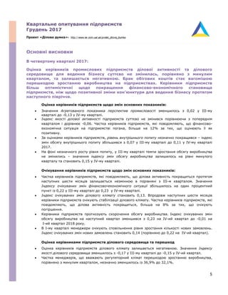 Квартальне опитування підприємств Сер
Грудень 2017
Проект «Ділова думка»: http:/ / www.ier.com.ua/ ua/ proekt_dilova_dumka
Основні висновки
В четвертому кварталі 2017:
Оцінка керівників промислових підприємств ділової активності та ділового
середовище для ведення бізнесу суттєво не змінилась, порівняно з минулим
кварталом, та залишається негативною. Брак обігових коштів стає вагомішою
перешкодою зростанню виробництва на підприємствах. Керівники підприємств
більш оптимістичні щодо покращення фінансово-економічного становища
підприємств, ніж щодо позитивної зміни кон’юнктури для ведення бізнесу протягом
наступного півріччя.
Оцінка керівників підприємств щодо змін основних показників:
• Значення Агрегованого показника перспектив промисловості зменшилось з 0,02 у ІІI-му
кварталі до -0,13 у ІV-му кварталі.
• Індекс якості ділової активності підприємств суттєво не змінився порівнюючи з попереднім
кварталом і дорівнює -0,06. Частка керівників підприємств, які повідомляють, що фінансово-
економічна ситуація на підприємстві погана, більше на 12% за тих, що оцінюють її як
позитивну.
• За оцінками керівників підприємств, рівень внутрішнього попиту незначно покращився – індекс
змін обсягу внутрішнього попиту збільшився з 0,07 у III-му кварталі до 0,11 у IV-му кварталі
2017.
• На фоні незначного росту рівня попиту, у ІIІ-му кварталі темпи зростання обсягу виробництва
не змінились – значення індексу змін обсягу виробництва залишилось на рівні минулого
кварталу та становить 0,15 у IV-му кварталі.
Очікування керівників підприємств щодо змін основних показників:
• Частка керівників підприємств, які повідомляють, що ділова активність покращиться протягом
наступних шести місяців залишається незмінною в порівняні з ІІІ-м кварталом. Значення
Індексу очікуваних змін фінансово-економічного ситуації збільшилось на один процентний
пункт із 0,22 у IІI-му кварталі до 0,23 у IV-му кварталі.
• Індекс очікуваних змін ділового клімату становить 0,13. Впродовж наступних шести місяців
керівники підприємств очікують стабілізації ділового клімату. Частка керівників підприємств, які
повідомляють, що ділова активність покращиться, більша на 8% за тих, що очікують
погіршення.
• Керівники підприємств прогнозують скорочення обсягу виробництва. Індекс очікуваних змін
обсягу виробництва на наступний квартал зменшився з 0,23 на IV-ий квартал до -0,01 на
І-ий квартал 2018 року.
• В І-му кварталі менеджери очікують сповільнення рівня зростання кількості нових замовлень.
Індекс очікуваних змін нових замовлень становить 0,14 (порівняно до 0,22 на ІV-ий квартал).
Оцінка керівниками підприємств ділового середовища та перешкод
• Оцінка керівників підприємств ділового клімату залишається негативною. Значення Індексу
якості ділового середовища зменшилось з -0,17 у IІI-му кварталі до -0,15 у ІV-ий квартал.
• Частка менеджерів, що вважають регуляторний клімат перешкодою зростанню виробництва,
порівняно з минулим кварталом, незначно зменшилось із 36,9% до 32,1%.
5
 