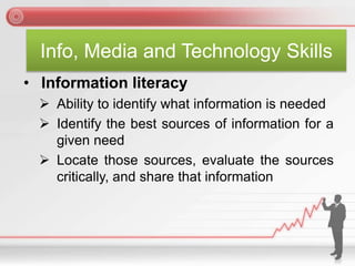Info, Media and Technology Skills
• Information literacy
 Ability to identify what information is needed
 Identify the best sources of information for a
given need
 Locate those sources, evaluate the sources
critically, and share that information
 