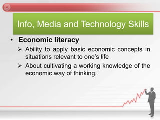 Info, Media and Technology Skills
• Economic literacy
 Ability to apply basic economic concepts in
situations relevant to one’s life
 About cultivating a working knowledge of the
economic way of thinking.
 