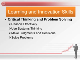 Learning and Innovation Skills
• Critical Thinking and Problem Solving
Reason Effectively
Use Systems Thinking
Make Judgments and Decisions
Solve Problems
 