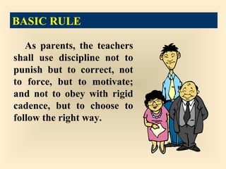 BASIC RULE

   As parents, the teachers
shall use discipline not to
punish but to correct, not
to force, but to motivate;
and not to obey with rigid
cadence, but to choose to
follow the right way.
 