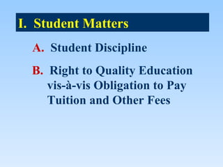 I. Student Matters
  A. Student Discipline
  B. Right to Quality Education
     vis-à-vis Obligation to Pay
     Tuition and Other Fees
 