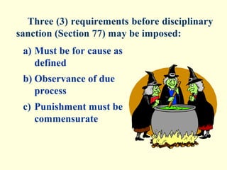 Three (3) requirements before disciplinary
sanction (Section 77) may be imposed:
 a) Must be for cause as
    defined
 b) Observance of due
    process
 c) Punishment must be
    commensurate
 