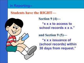 In Reporting--

Students have the RIGHT—
                 Section 9 (4)—
                   “x x x to access to
                 school records x x x.”

                 and Section 9 (5)—
                   “x x x issuance of
                 (school records) within
                 30 days from request.”
 