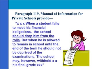 Paragraph 119, Manual of Information for
Private Schools provide—
  “x x x When a student fails
to meet his financial
obligations, the school
should drop him from the
rolls. But when he is allowed
to remain in school until the
end of the term he should not
be deprived of the
examinations. The school
may, however, withhold x x
his final grade xxx”
 