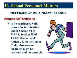 II. School Personnel Matters
   INEFFICIENCY AND INCOMPETENCE
Absences/Tardiness
  to be considered valid
   causes for termination
   under Section 94 of
   MRPS, Section 78 of
   TVET Manual and
   Article 283 of the Labor
   Code, absences and
   tardiness must be
   habitual and inexcusable.
 