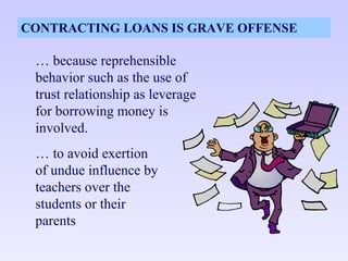 CONTRACTING LOANS IS GRAVE OFFENSE

 … because reprehensible
 behavior such as the use of
 trust relationship as leverage
 for borrowing money is
 involved.
 … to avoid exertion
 of undue influence by
 teachers over the
 students or their
 parents
 