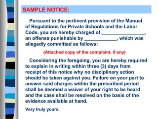 SAMPLE NOTICE:
  Pursuant to the pertinent provision of the Manual
of Regulations for Private Schools and the Labor
Code, you are hereby charged of ________________,
an offense punishable by ____________, which was
allegedly committed as follows:
        (Attached copy of the complaint, if any)
  Considering the foregoing, you are hereby required
to explain in writing within three (3) days from
receipt of this notice why no disciplinary action
should be taken against you. Failure on your part to
answer said charges within the prescribed period
shall be deemed a waiver of your right to be heard
and the case shall be resolved on the basis of the
evidence available at hand.
Very truly yours,
 