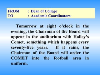 FROM     : Dean of College
TO       : Academic Coordinators

    Tomorrow at eight o’clock in the
 evening, the Chairman of the Board will
 appear in the auditorium with Halley’s
 Comet, something which happens every
 seventy-five years.   If it rains, the
 Chairman of the Board will order the
 COMET into the football area in
 uniform.
 